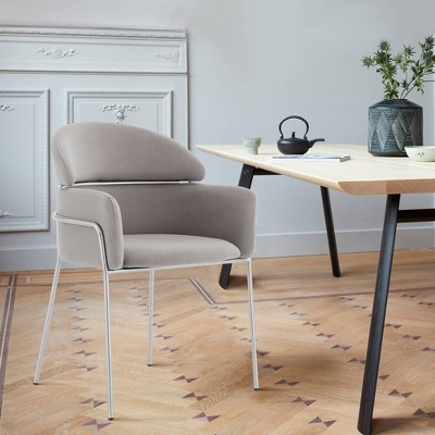 Contemporary Gray Velvet High-Back Armchair with Metal Cross Back