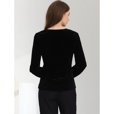 Allegra K Women's Long Sleeve Office Collarless 1 Button Velvet Blazer Black Small — фото 3