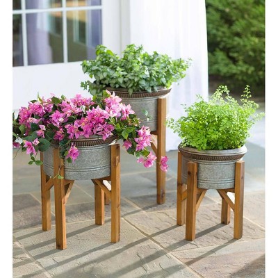 Set of 3 Galvanized Metal Planters with Wooden Stands