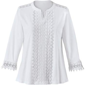 Collections Etc Lace Bodice and Trim V-Neck Long Sleeve Top