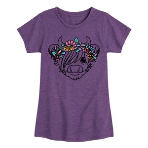 Girls' - Instant Message - Highland Cow Flower Crown Fitted Short Sleeve Graphic T-Shirt - 1 of 4