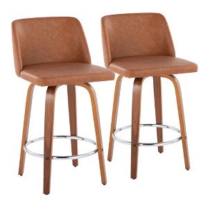 26" Faux Leather Mid-Century Modern Counter Stool with Swivel and Bent Wood Legs with Square Metal Footrest for Kitchen or Home Bar, Set of 2 - 1 of 4