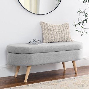 Storage Ottoman Bench, Gray Linen 43.5“x16”x16“ White Upholstered Wood Legs Safety Flip Top Oval Foot Rest Long Couch Hinge Flip Stool for Living Room - 1 of 4