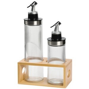 Garnen Oil and Vinegar Dispenser Set, 13.5oz & 22oz Oil Dispenser for Kitchen, Olive Oil Bottles + Wooden Rack, Cooking Oil Dispenser Glass Container - 1 of 4