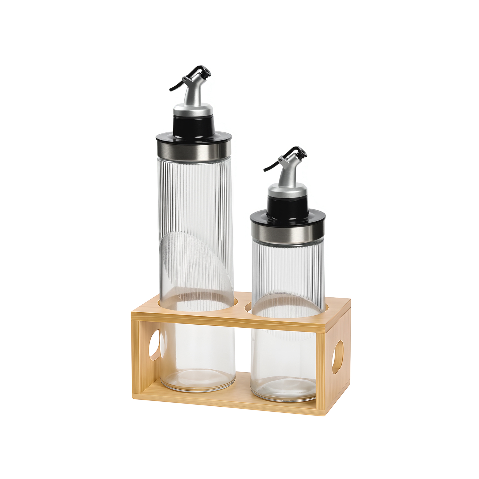 Garnen Oil and Vinegar Dispenser Set, 13.5oz & 22oz Oil Dispenser for Kitchen, Olive Oil Bottles + Wooden Rack, Cooking Oil Dispenser Glass Container