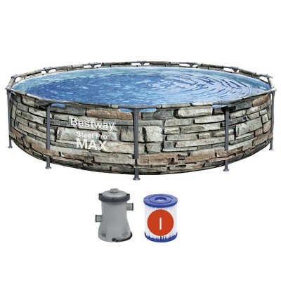 Bestway 56817E 12' x 30" Steel Pro Max Round Steel Frame 5-Person 1,710 Gallon Above Ground Swimming Pool Kit with Filter Pump & Filter, Stone Print