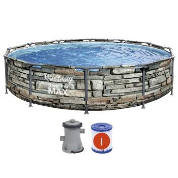 Bestway 12'x30" Pro Max Round Stone Print Steel Frame 5-Person 1,710 Gallon Above Ground Swimming Pool with Filter Pump and Filter - Gray (56817E )