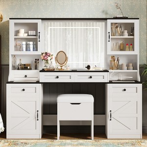 61.5" Farmhouse Vanity Desk with Mirror and LED Lights, Dressing Table with 5 Drawers and 4 Cabinets - 1 of 4