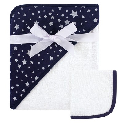 Hudson Baby Infant Cotton Hooded Towel and Washcloth 2pc Set, Navy Silver Star, One Size