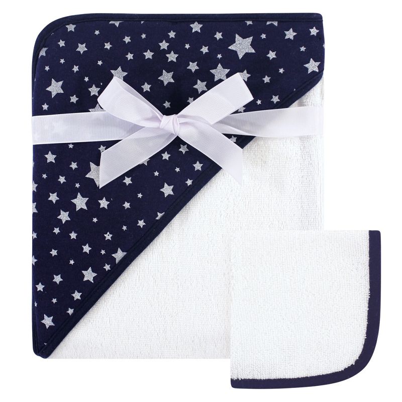 Hudson Baby Infant Cotton Hooded Towel and Washcloth 2pc Set, Navy Silver Star, One Size, 1 of 3
