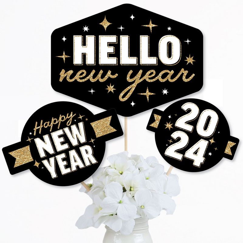 Big Dot of Happiness Hello New Year - 2024 NYE Party Centerpiece Sticks - Table Toppers - Set of 15, 3 of 9