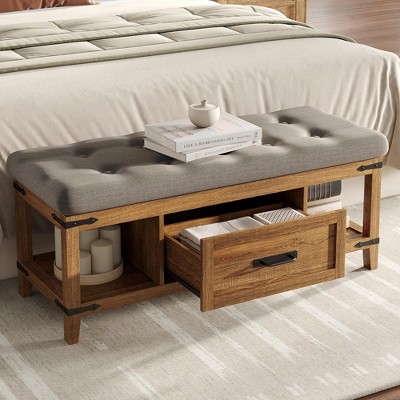 End of Bed Storage Bench, Entryway Bench with Cushion, Shoe Storage and Drawer