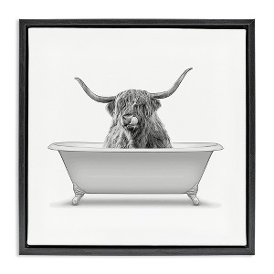 Stupell Industries Longhorn Highland Cow Bath Tub Floating Frame Canvas Art, Black, 25" x 25" - 1 of 4