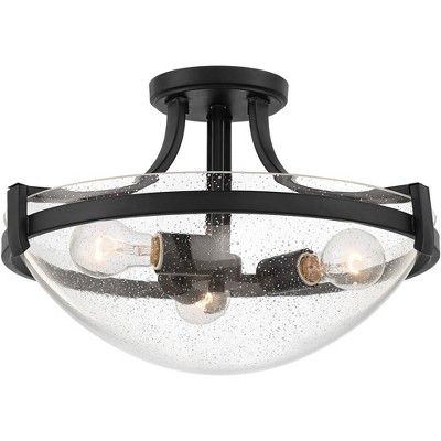 Regency Hill Modern Ceiling Light Semi Flush Mount Fixture Black 18" Wide 3-Light Clear Seedy Glass Bowl Bathroom Dining Kitchen