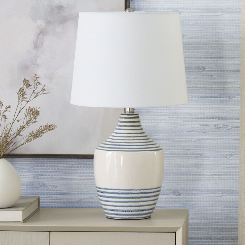 23" Blue & White Striped Modern Coastal Ceramic Table Lamp - Nourison