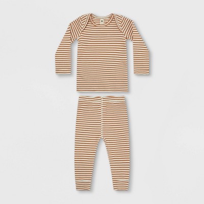 Q by Quincy Mae Baby 2pc Ribbed Spice Striped Top & Bottom Set - Ivory/Burgundy 0-3M