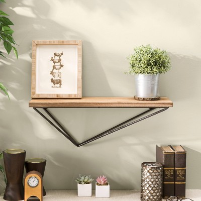 Asymmetrical Black Metal and Pine Wood 26'' Floating Wall Shelf