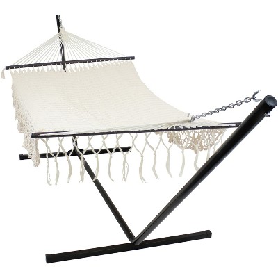 Sunnydaze Deluxe American Style Hand-Woven Cotton and Nylon Mayan Hammock with Stand - 400 lb Weight Capacity/15' Stand - Off-White