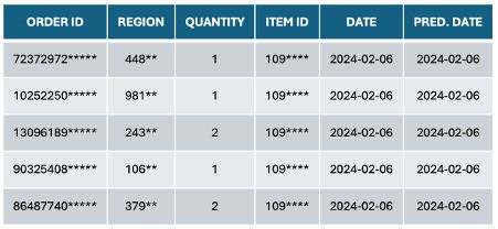 An image of sample output from the Digital Profiler with columns including order ID, region, quantity, item ID and Date. 