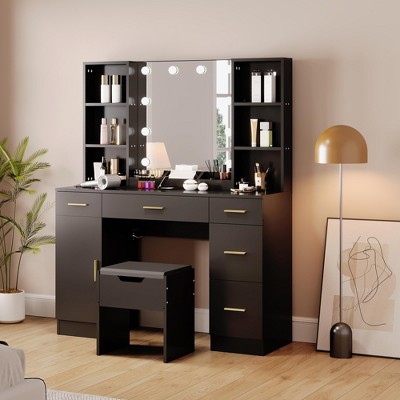 56" Farmhouse Vanity Set w/Lighted Mirror, Charging Station & Shelves - 3 Adjustable Lighting Modes - Modern Dressing Table for Women & Girls