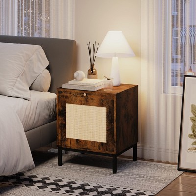Rattan Night Stands Set 2, Modern Farmhouse Pattern Side Table, End Table with Tray