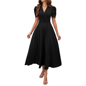 BLUEMING Womens Casual Maxi Dresses Puff Sleeve V Neck Flowy Vacation High Waist Boho Pleated Dresses - 1 of 4