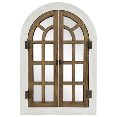 Beautyolove 20 in. W x 30 in. H Farmhouse Arched Mixed-Color Wood Framed Windowpane Wall Mirror