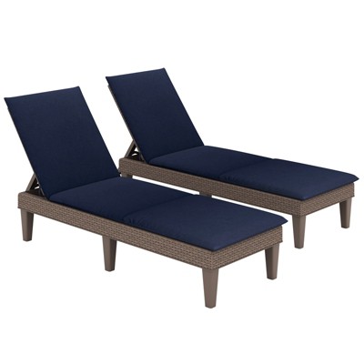 Tangkula 2PCS Patio Lounge Chair Recliner Chair w/ 3-Position Adjustable Backrest & Cushion Brown & Blue