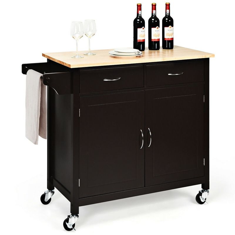 Costway Modern Rolling Kitchen Cart Island Wood Top Storage Trolley Cabinet Utility Brown, 4 of 11