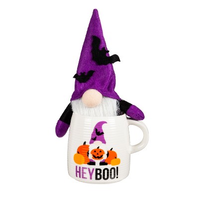 Evergreen Ceramic Cup, 12 OZ, with 5" Plush Halloween Gnome, Hey Boo