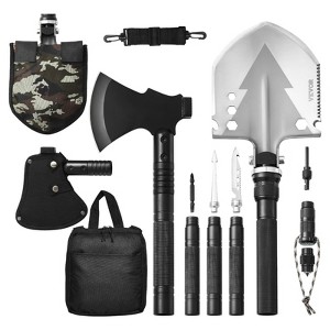 VEVOR Survival Shovel Survival Axe, 16-in-1 Camping Folding Shovels with Hatchet, Stainless Steel Tactical Shovel Hatchet Combo, Black & Silver - 1 of 4