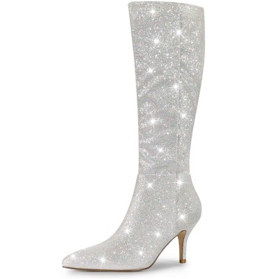 Allegra K Women's Pointy Toe Sparkle Glitter Stiletto Heel Knee High Boots