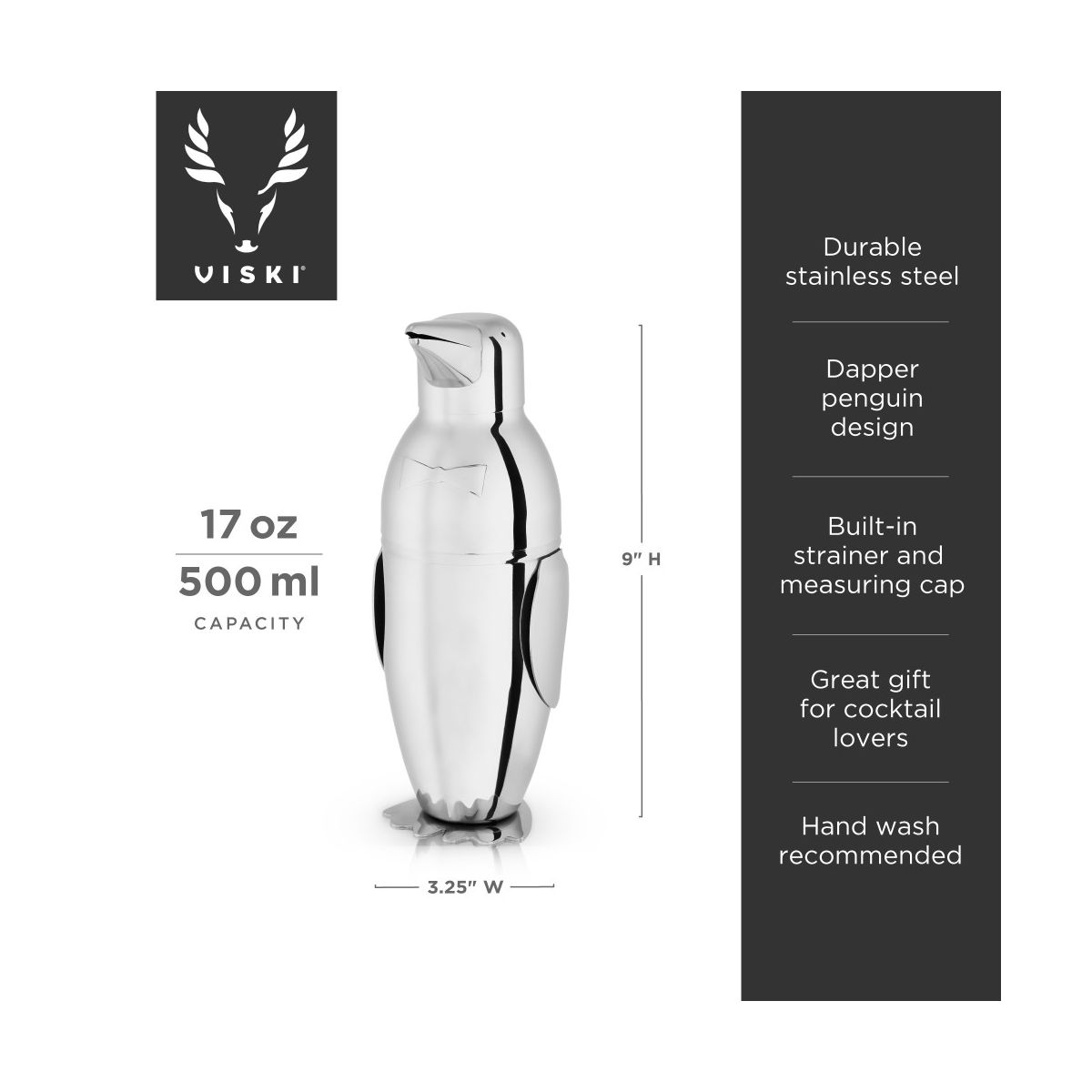 Viski Penguin Cocktail Shaker with Built-in Strainer & Jigger Cap, Stainless Steel Drink Shaker Bottle, Home Bar Essentials, Wedding Gifts, 17 oz - thumbnail 3
