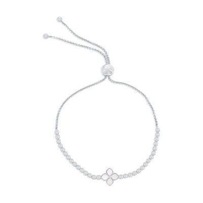 Simona Sterling Silver, Flower MOP Center, CZ Adjustable Bolo Bracelet - Silver