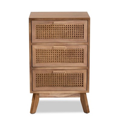 Baden Wood with Rattan 3 Drawer Nightstand Walnut Brown - Baxton Studio: Bohemian Style Bedside Table, MDF & Paulownia Frame