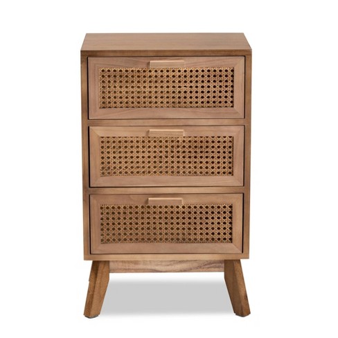 Baden Wood With Rattan 3 Drawer Nightstand Walnut Brown Baxton