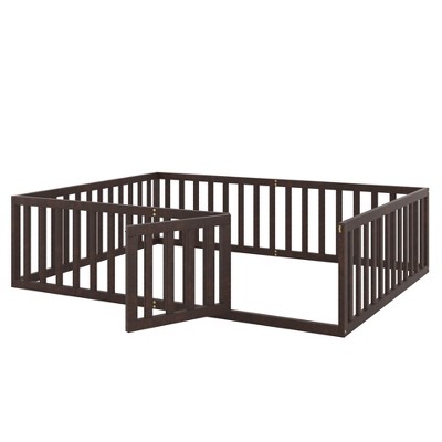 Bellemave Queen Floor Bed with Fence and Door, Wooden Montessori Floor Bed with Rails for Kids, Walnut