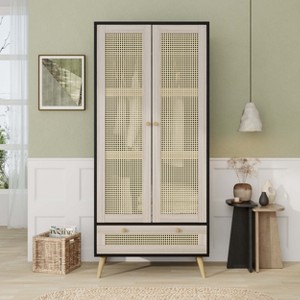 ORRD 70.8" Tall Rattan Armoire Wardrobe with Hanging Rod & Drawer, Boho Storage Closet for Bedroom, Natural + Black - 1 of 4
