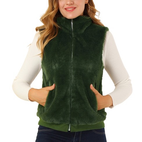 INSPIRE CHIC Women s Stand Collar Zip Faux Fur Vest Warm Outwear Coat Army Green X Large