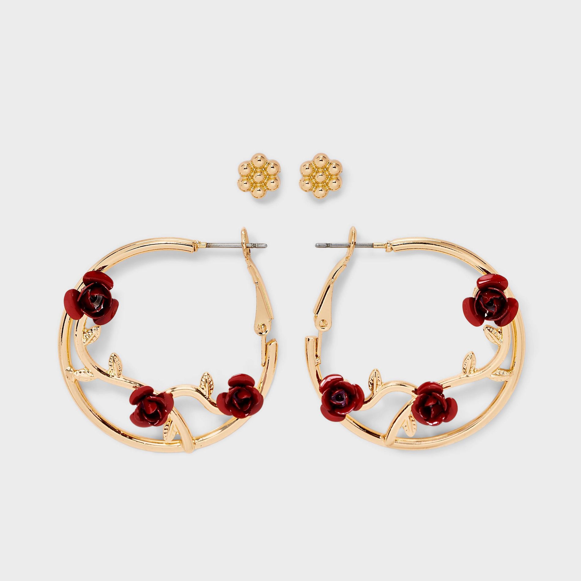 Flower Rose Vine Hoop Earring Set 2pc - Wild Fable™ Gold/Red