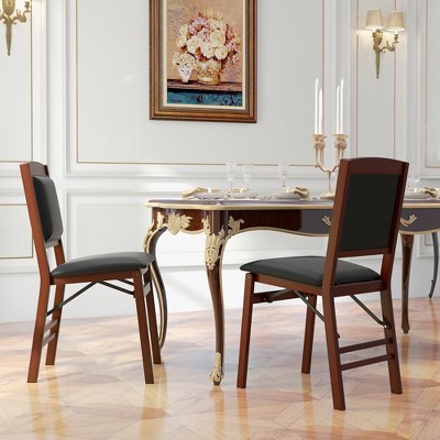 Walnut and Black Leather Folding Parsons Side Chairs, Set of 2