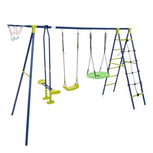 Gymax 6-in-1 Patio Kids Swing Set A-Shaped Metal Swing Frame w/ Climbing Net Ladder Saucer Swing Belt Swing Glider & Basketball Hoop Green + Blue - 1 of 1