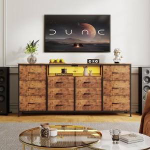 63" Dresser TV Stand for 65 70 75 Inch TV, Fabric Chest of Drawers with Charging Station, LED Lights, Open Shelves & 12 Drawer Dresser - 1 of 4