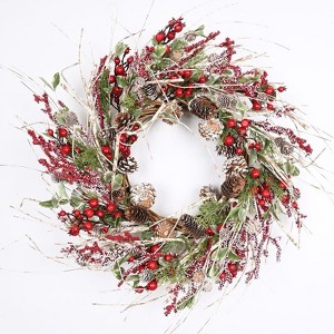 26" Farmhouse Berry Pine Winter Christmas Birch Wreath for Front Door - 1 of 4