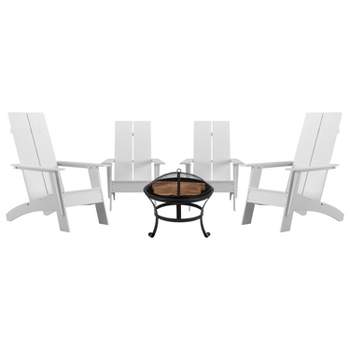 Emma and Oliver Harmon Set of 4 Harmon Modern All-Weather White Poly Resin Adirondack Rocking Chairs with a Wood Burning Fire Pit for Outdoor Use