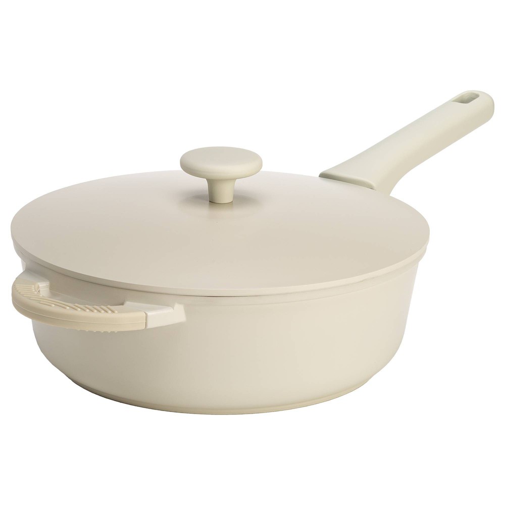 Goodful 3qt Cast Aluminum, Ceramic Deep Cooker with Lid, Side Handle and Long Handle Cream