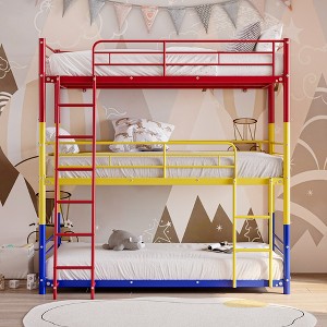 Racxily Triple Twin Bunk Beds, Metal Bunk Bed Platform Frame, Two Attached Ladders, Easy Access Guard-Rail, No Box Spring Need - 1 of 4