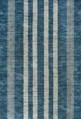 Blue and Cream Striped Machine-Washable Synthetic Area Rug
