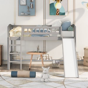 CAVINAS Twin/Full Size Wood Loft Bed with Slide & Ladder & Fence,Simple Bed Frame for Kids Room,Bedroom - 1 of 4