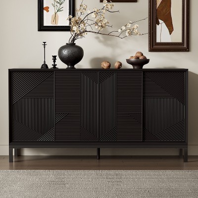ORRD Mirod Modern Geometric Accent Cabinet with Sliding Doors, Vertical Striped Design, Wood Veneer Top, and Storage Drawers